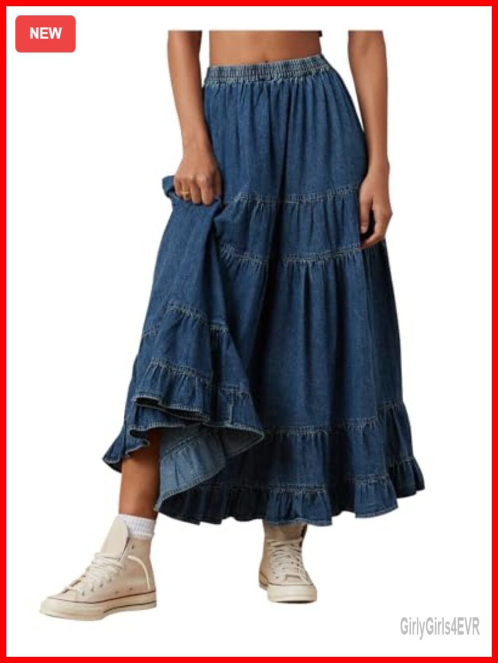 Women's Denim Maxi Skirt Tiered Ruffle Swing Jean Skirt with Pockets
